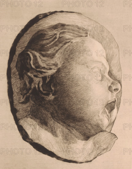 Child's head with open mouth, print, annotation: '2em état', annotation: 'tirer á deux epreuves', printmaker: Pierre Peeters (signed by artist), after sculpture by Duquesnoy, c. 1875 - in or before 1913, Pierre Peeters, Duquesnoy, printmaker, after sculpture by, paper, etching, drypoint, intaglio printmaking technique, height 318 mm x width 226 mm, A detailed pencil or ink drawing of a resting head shown in profile with closed eyes and slightly parted lips, rendered with fine, curved hatching lines; the hair is dark and wavy, framing the forehead and temple, and the face and neck show subtle shading and contouring; the head is set against a plain, textured background and appears within an oval-shaped darker border formed by dense strokes.