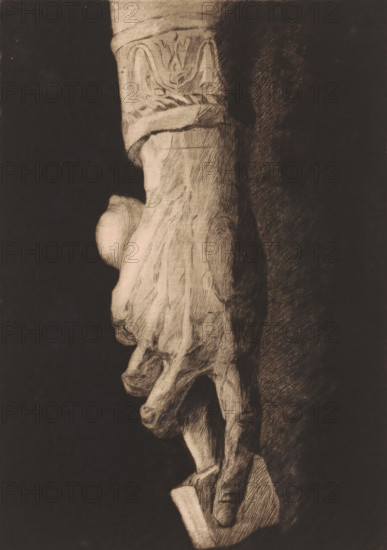 Hand with hilt of a sword, print, annotation: '1e Etat, signature, épreuve unique AD?', printmaker: Pierre Peeters, c. 1875 - in or before 1913, paper, etching, drypoint, intaglio printmaking technique, height 297 mm x width 210 mm, parts of hacking and thrusting weapons: grip, A monochrome close-up drawing of a human forearm and hand hanging downward, showing detailed shading and fine crosshatching that emphasize veins, tendons, and wrinkles; the wrist is partially covered by a folded sleeve with a braided edge, the thumb is curled inward against the palm and the fingers are relaxed and slightly bent, with the hand holding a small rectangular object at the bottom edge; the background is dark and textured on the right side and uniformly dark on the left, creating strong contrast with the lighter tones of the arm and hand.
