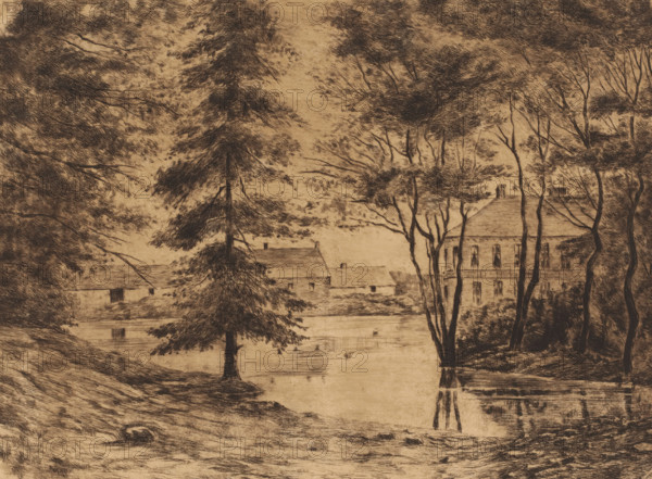 View of Ghlin Castle, print, annotation: '1er état', printmaker: Ch. Perrin (signed by artist), c. 1850 - in or before 1913, paper, etching, intaglio printmaking technique, height 247 mm x width 328 mm, A sepia-toned etching showing a tranquil waterside scene with tall trees in the foreground and across the water, a cluster of buildings partially obscured by tree trunks and branches; a large conifer stands near the center with dense foliage while slender deciduous trees with bare trunks rise nearby, their reflections visible in the calm water below; to the right a multi-story house with a steep roof and rectangular windows peeks through the trees, and to the left low-roofed structures sit closer to the waterline, all rendered with fine crosshatching and delicate linear textures that define foliage, rooftops, and the gently undulating ground.