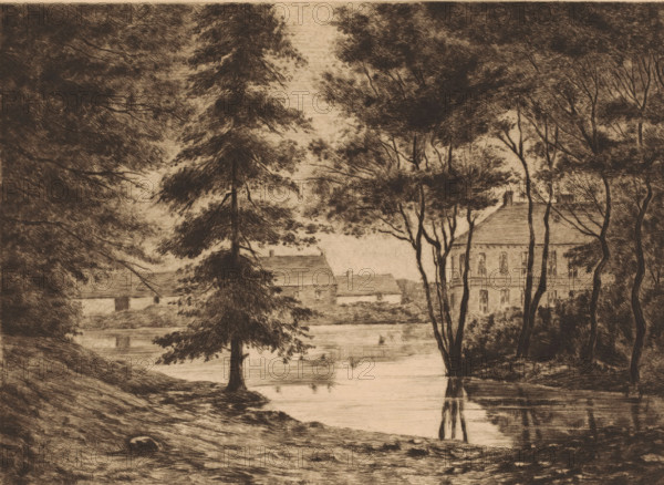 View of Ghlin Castle, print, annotation: 'dernier état', printmaker: Ch. Perrin (signed by artist), c. 1850 - in or before 1913, paper, etching, drypoint, intaglio printmaking technique, height 247 mm x width 328 mm, A sepia-toned etching showing a wooded riverside scene with tall trees in the foreground and middle ground whose trunks and leafy canopies frame a calm body of water, reflections of trunks visible on the water's surface. Beyond the trees, on the far bank, there are pitched-roof buildings partially obscured by foliage, one larger house with multiple windows and a chimney standing out among smaller structures. The ground in the foreground slopes gently toward the water and is textured with crosshatched shading, while dense tree foliage fills the upper portion of the image, creating a layered contrast between dark leaves and lighter sky.