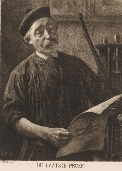 The final proof, Printer studying a proof, print, workshop stamp: 'Antwerp Etchers 1880', printmaker: Frans Proost (signed by artist), 1891, paper, etching, drypoint, intaglio printmaking technique, height 317 mm x width 236 mm, graphic artist, printer, An older man with a mustache and closed eyes wears a round cap and a loose, dark robe; he holds a hat in one hand and rests the other hand near it, while behind him a long thin object leans against a surface and a piece of furniture with cylindrical elements is visible.
