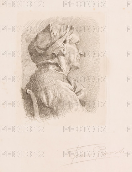 Portrait of an unknown old woman, print, printmaker: Frans Proost (signed by artist), 1892, paper, etching, height 180 mm x width 141 mm, old woman, anonymous historical person portrayed alone - BB - woman, A sepia-toned ink drawing of an elderly person in profile facing right wearing a headscarf and a loose garment, shown seated with a visible curved chair back, rendered with fine crosshatching and contour lines that indicate facial wrinkles, folds in the fabric, and shading around the head and shoulders, set against a lightly hatched background on aged paper.