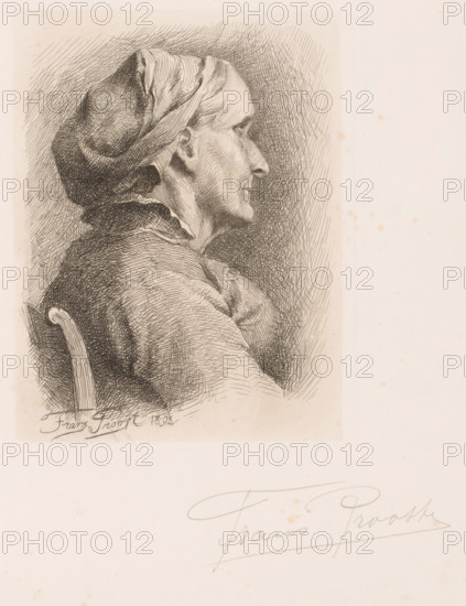 Portrait of an unknown old woman, print, printmaker: Frans Proost (signed by artist), 1892, paper, etching, intaglio printmaking technique, height 180 mm x width 141 mm, old woman, anonymous historical person portrayed alone - BB - woman, A detailed pen-and-ink profile portrait of an older person wearing a headscarf and a simple garment, shown seated with a curved chair back visible, rendered with fine cross-hatching and contour lines against a hatched background, with small scattered spots on the surrounding paper.