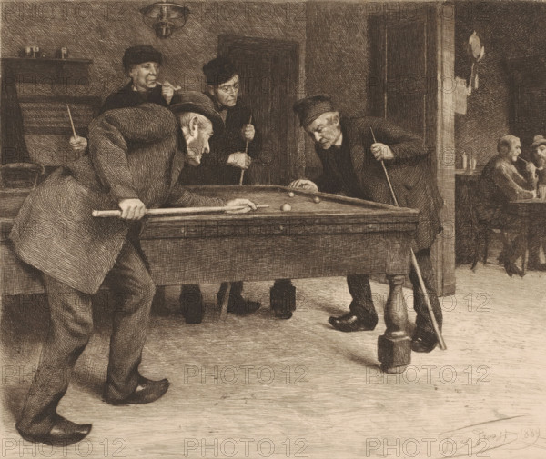 Men playing billiards in a café, print, workshop stamp: 'Antwerpsche Etsers 1880', printmaker: Frans Proost (signed by artist), 1889, paper, etching, drypoint, intaglio printmaking technique, height 237 mm x width 317 mm, inn, coffee-house, public house, billiards, pipe, tobacco, A sepia-toned etching shows a scene of men around a billiard table inside a room. Four men stand close to the table, leaning and holding cues, with one man bent over the table lining up a shot while another leans at the opposite side watching intently. Two other men stand behind them, one with a pipe and the other holding a cue upright. The table occupies the center of the image with balls visible on its surface and a wooden leg in the foreground. In the background through a doorway, two seated men face each other at a small table, one holding a pipe. The room contains simple furnishings, a hanging lamp, a shelf or mantle with small objects, and a wall with a hanging pan. The floor is plain and worn, and the f...
