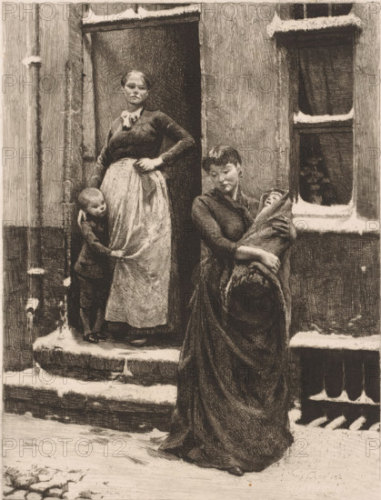 Two women with children at a doorway, print, Illustration for the fable 'The Cricket and the Ant'., annotation: 'III B', printmaker: Frans Proost (signed by artist), 1885 - 1913, paper, etching, drypoint, intaglio printmaking technique, height 322 mm x width 235 mm, mother and baby or young child, open door, A monochrome scene showing two women and two children on the stoop of a building, with one woman standing in a doorway wearing a long skirt and apron and a blouse with a bow at the neck, her hand on her hip and a young child clinging to her skirt, and another woman standing in front of the doorway dressed in a long dress and holding a bundled infant while cradling a hat, the building façade behind them featuring a tall window and textured walls, and traces of snow on the steps and window ledges.