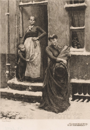 You sing! I'm quite at ease. Well, dance now., Two women with children at a doorway, print, Illustration for the fable 'The Cricket and the Ant'., printmaker: Frans Proost (signed by artist), 1885 - 1913, Frans Proost, printmaker, paper, etching, drypoint, intaglio printmaking technique, height 322 mm x width 235 mm, mother and baby or young child, open door, A monochrome etching shows a doorway and window set into a building with snow on the steps and ledges; a woman stands in the doorway wearing a long skirt and apron with one hand on her hip and a child beside her clutching her skirt; another woman stands on the steps holding a bundled infant in her arms while looking down toward the baby; the figures wear long dresses and shawls and the scene is rendered with fine cross-hatching and textured lines.