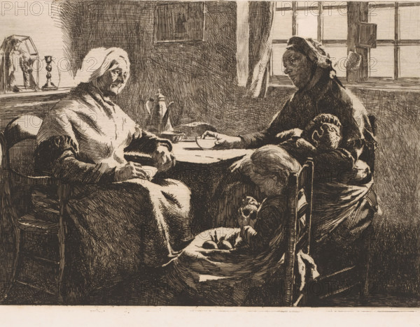 Mother with two children visiting grandmother, print, printmaker: Frans Proost, 1885 - 1913, paper, etching, drypoint, intaglio printmaking technique, height 235 mm x width 318 mm, three generations (family group), A monochrome etching shows an interior scene with three seated figures around a table. Two older women face each other across the table, one on the left wrapped in a shawl and the other on the right wearing a headscarf, each with solemn facial expressions. A younger figure sits with head bowed in the foreground, leaning against the chair. On the table are a bowl and a pitcher, and a small cup is held by the woman on the right. A window with panes and a curtain is visible behind the right woman, and a ledge with a candlestick and a small covered object appears behind the left woman. Crosshatched shading and fine line work define clothing folds, furniture, and the textured walls.