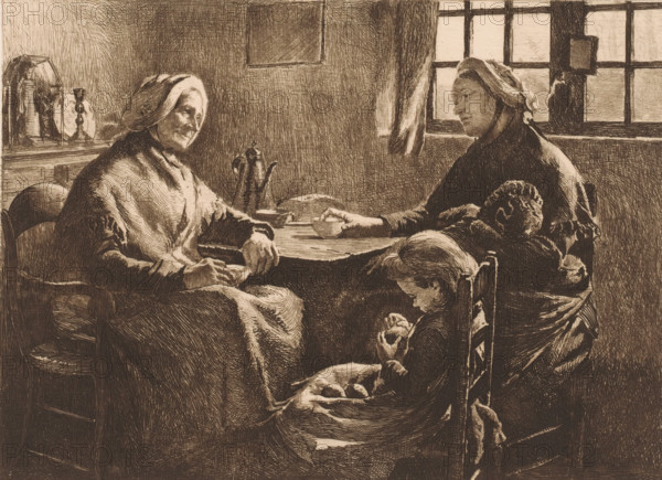 Mother with two children visiting grandmother, print, workshop stamp: 'Antwerp Etsers 1880', printmaker: Frans Proost (signed by artist), 1885 - 1913, paper, etching, drypoint, intaglio printmaking technique, height 235 mm x width 318 mm, three generations (family group), A sepia-toned drawing shows an interior scene with three seated figures around a round table near a window; two older women wearing head coverings sit opposite each other holding small bowls while a child sits at the near side of the table looking down at something in their hands. The room contains a window with panes and a curtain, a tall pitcher on the table, a chair with a carved back, and a shelf or sideboard with a candlestick and a covered object. The lighting emphasizes the faces and folds of the clothing, and the image is rendered with fine, closely drawn lines throughout.