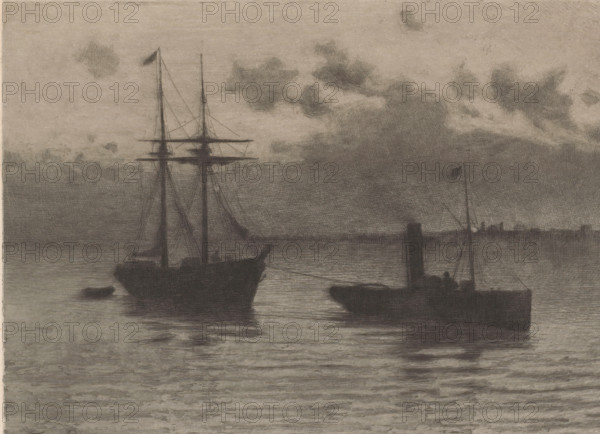 Crépuscule sur l'Escaut, Scheldt at twilight, print, printmaker: Frans Proost, 1893, Frans Proost, printmaker, paper, etching, drypoint, intaglio printmaking technique, height 208 mm x width 271 mm, sailing-ship, sailing-boat, river, steamship, motorship, A grayscale scene of a calm waterfront showing two large sailing vessels silhouetted against a cloudy sky, one vessel with tall masts and rigging on the left and another with a smokestack and a small flag on the right, smaller boats near them, subtle reflections on the water, and layered clouds filling the upper part of the image.