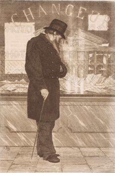 Man looking through the window of a currency exchange office, print, printmaker: Arthur Puls, c. 1875 - in or before 1913, paper, etching, drypoint, intaglio printmaking technique, height 306 mm x width 209 mm, A monochrome etching shows a man standing in front of a shop window, wearing a long dark coat and a tall hat, his head bowed and a long beard visible. He holds a cane with one hand while the other rests near his chest, and his posture is slightly hunched. Behind him the shop window displays scattered papers and torn posters, with large partially visible letters across the top of the glass. The lower facade of the shop features carved paneling, and the ground in front is tiled. The overall image is rendered in fine crosshatched lines and muted tones.
