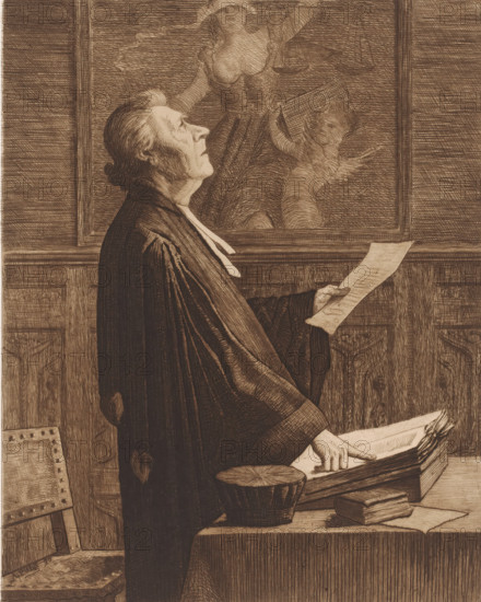 Jurist in court, print, printmaker: Arthur Puls, 1890, paper, etching, drypoint, intaglio printmaking technique, height 278 mm x width 220 mm, An older person in a dark robe stands in profile looking upward, holding a sheet of paper in one hand and resting the other hand on a stack of papers on a table; the person has swept-back hair and a visible collar, and the robe shows folds and subtle worn patches. Behind the person is a framed image of a partially visible figure with an outstretched arm and flowing form, rendered in crosshatched lines. On the table are a round container, a closed book, and a bundle of papers; a studded chair is partially visible to the side. The scene is depicted with fine etched lines and dense crosshatching throughout.