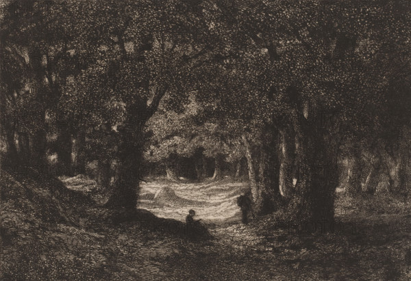 Three figures resting in a forest, print, inscription: 'Epreuve unique', printmaker: attributed to Emile Puttaert, 1839 - 1901, Attributed to, paper, chine collé, etching, intaglio printmaking technique, height 312 mm x width 445 mm, forest, wood, (traveller) resting in the open air, resting - BB - out of doors, A densely shaded scene of a wooded area with large, dark tree trunks and a heavy canopy of leaves filling the upper portion, a lighter clearing or stream running through the center ground, and small human figures near the water’s edge; the foreground shows textured ground and roots, the middle ground features clustered trees framing the lighter central area, and the background recedes into darker foliage, all rendered in fine, closely hatched lines and high-contrast tones.