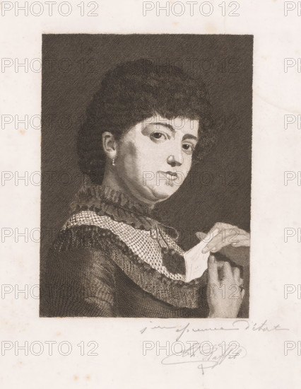 Portrait of an unknown woman with a letter in her hands, print, inscription: '1m epreuve d'etat', printmaker: Charles Raffel (signed by artist), after painting by Eugène Siberdt, 1886, Charles Raffel, Eugène Siberdt, printmaker, after painting by, paper, etching, engraving, height 295 mm x width 200 mm, historical persons, adult woman, letter, envelope, A monochrome engraved portrait of a person shown from the chest up, turned slightly to one side and looking toward the viewer, with short curly hair and a small earring visible on one ear, wearing a garment with a textured patterned collar and a dark outer layer, holding a folded piece of paper between both hands with fingers visible, all set against a dark shaded rectangular background framed by a lighter surrounding margin.