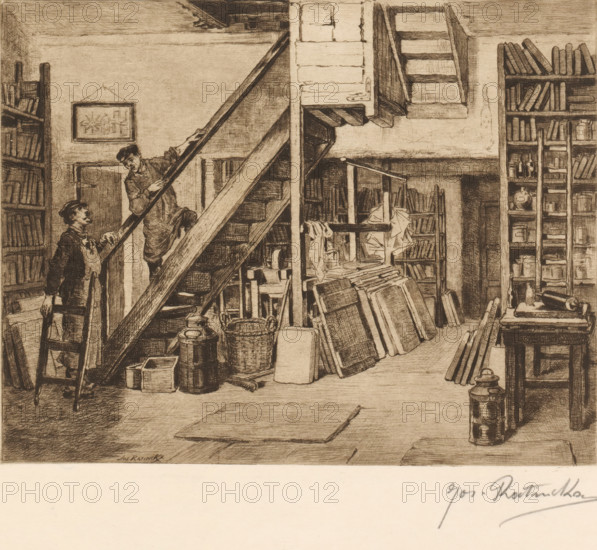 Two men by a staircase in an Antwerp lithographer's workshop, print, mark: 'Antwerpsche Etsers 1880', printmaker: Jos Ratinckx, 1870 - 1913, Jos Ratinckx, printmaker, paper, etching, intaglio printmaking technique, retroussage, height 200 mm x width 257 mm, workshop-interior, artist at work, in his workshop, staircase, lithographer, Antwerp, A sepia-toned interior showing a cluttered room with wooden stairs and beams dominating the center, leaning boards and stacked frames arranged along the floor, tall bookshelves filled with books and objects lining the walls, two men near a ladder and the staircase with one ascending and the other standing below holding the ladder, various containers and baskets on the floor, a worktable with tools and rolled items at one side, hanging cloths and a small boat-like model on a shelf beneath the stairs, and a framed picture on the wall.