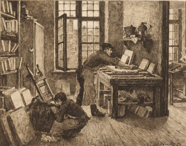 Lithographer at work in his workshop, print, mark: 'Antwerpsche Etsers 1880', printmaker: Jos Ratinckx, 1889, paper, etching, intaglio printmaking technique, height 190 mm x width 240 mm, workshop-interior, artist at work, in his workshop, lithographer, A sepia-toned scene shows an interior workspace with tall paned windows letting light into the room. A standing man wearing a cap and apron leans over a wooden worktable, pressing or handling a rectangular object on the table. Nearby, two seated figures crouch on the floor among stacks of large rectangular boards or sheets, one bending forward as if working with the pile. Shelves filled with stacked books or similar rectangular items line the left wall, and a ladder leans against the shelving. Various tools and containers rest on a small wall shelf above the worktable, and additional boards and objects are stored beneath the table. The floor is wooden, and the overall image is rich in crosshatched shading and fine linework.