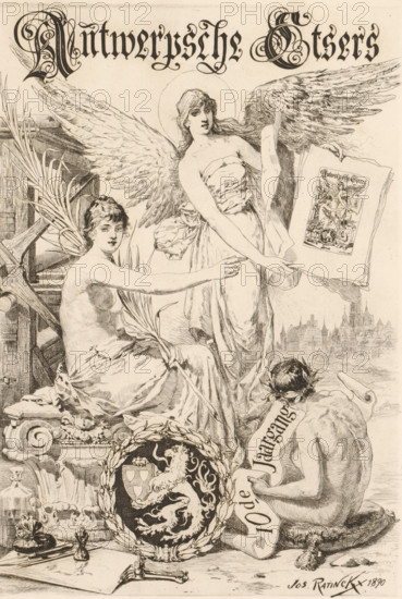 Allegorical figure with wings showing prints amidst graphic attributes, Antwerp Etchers, 10th year, Album der Antwerpsche Etsers 1890, print, The print shown is a reduced representation of the print itself. The coat of arms in the center bottom refers to the Antwerp St. Luke's Guild. On the right in the background a view of Antwerp., inscription: '1st state', printmaker: Jos Ratinckx, 1890, Jos Ratinckx, printmaker, paper, etching, height 312 mm x width 213 mm, A later state of this print is probably intended as the title print for: Album der Antwerpsche Etsers. Sl: Vereeniging der Antwerpsche Etsers, 1890., tools, implements of graphic artist, the graphic arts, fabulous beings with wings - AA - female human figure, Antwerp, A detailed sepia-toned illustration shows three human figures and various decorative objects. A central standing female figure with large feathered wings and draped clothing holds an open book or sheet with an illustrated page visible; she has long hair and a halo-...