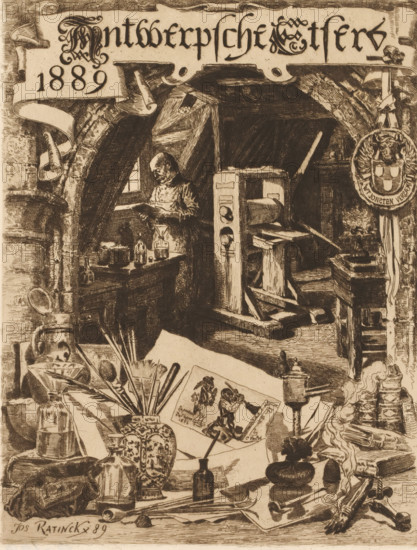 Graphic artist in his workshop with various graphic attributes in the foreground, Antwerp Etchers 1889, Album of the Antwerp Etchers 1889, print, title page, mark: 'Antwerp Etchers 1880', printmaker: Jos Ratinckx, 1889, paper, etching, intaglio printmaking technique, retroussage, height 270 mm x width 211 mm, This print is probably intended as the title page for: Album of the Antwerp Etchers. Sl: Association of the Antwerp Etchers, 1889., tools, implements of graphic artist, artist at work, in his workshop, A detailed sepia-toned etching showing an interior workspace with wooden beams and an arched opening, a standing figure reading a sheet near a small window, and a large printing press or wooden machinery positioned centrally. A cluttered foreground table holds brushes in a decorated vase, scattered papers and prints, bottles and jars, a funnel, a folded cloth, and small tools. Shelves and stacked boxes appear to the right, while a round medallion or emblem hangs from a ribbon near t...