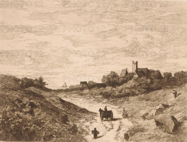 Landscape with figure and carriage on a road towards a body of water, print, mark: 'Antwerpsche Etsers 1880', printmaker: Emilie Rolin-Jacquemijns, 1852 - 1906, paper, etching, intaglio printmaking technique, retroussage, roulette, height 221 mm x width 280 mm, The island in the background is possibly Mont Saint-Michel., island, landscapes with waters, waterscapes, seascapes (in the temperate zone), two-wheeled vehicle drawn by one animal, A sepia-toned landscape sketch showing a wide sky filled with horizontal, wispy clouds above a distant shoreline where a small sailboat is visible; below the sky, a cluster of buildings including a tower and pitched roofs sits among trees and shrubbery on a rise; in the foreground a winding, rutted path runs between grassy, rocky banks with a horse-drawn cart moving away along the path and a solitary figure walking toward the viewer, surrounded by textured vegetation and scattered rocks.