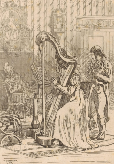 Duet of a harpist and a flutist, L'ariette, print, printmaker: Félicien Rops, 1874, Félicien Rops, printmaker, paper, etching, intaglio printmaking technique, height 290 mm x width 210 mm, transverse flute, instrumental and vocal music together, harp, A finely detailed pen-and-ink scene shows an interior with a large ornate harp occupying the center, a seated woman facing away with her hands on the strings, and a standing young man to the right playing a flute while holding a small bag. Behind the harp a child leans forward over sheet music on a stand. To the left an older man reclines in a chair with a relaxed posture and a small table beside him. The room features patterned wallpaper, a clock mounted on the wall, decorative moldings above a fireplace, framed portraits and vases on a mantel, and scattered furnishings including rugs and a small stool. The figures wear historical clothing with flowing coats, long skirts, and detailed hair styles, and the drawing uses fine crosshatching ...