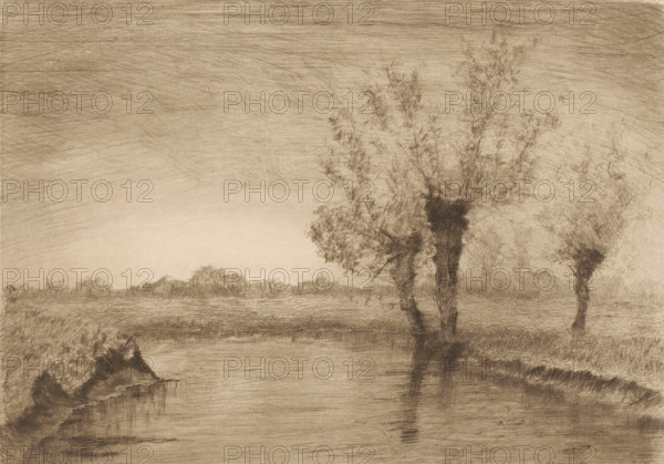 Landscape with three willows along a brook, print, printmaker: Henri Rul, 1872 - 1913, paper, etching, intaglio printmaking technique, drypoint, height 195 mm x width 256 mm, brook, trees: willow, A sepia-toned sketch of a riverside scene with a wide sky textured by crosshatched lines, a calm stretch of water running across the lower half, and clusterings of brush and low vegetation along the banks; several tall, slender trees with sparse, wispy foliage rise near the right center, their trunks and reflected shapes rendered in darker, denser strokes, while distant treelines and low shrubs form a faded horizon across the middle ground.