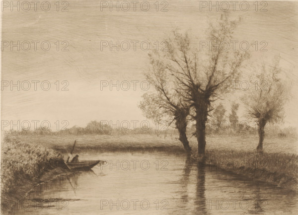 Landscape with three willows along a brook and a fishing boat on the water, print, printmaker: Henri Rul, 1872 - 1913, paper, etching, intaglio printmaking technique, drypoint, height 199 mm x width 255 mm, brook, trees: willow, A sepia-toned scene showing a calm river with reflections in the water, tall trees with textured trunks and wispy branches along the near bank, distant low vegetation along the far bank, a small boat near the left bank with two silhouetted figures seated inside, and a softly shaded sky with fine crosshatched lines.