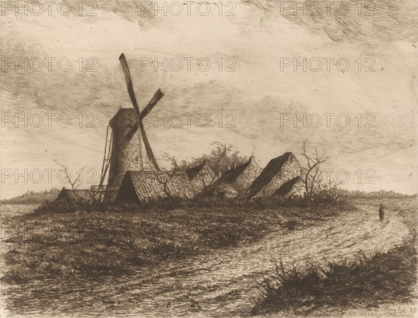 Landscape with the Cathelijne windmill and houses, Cathelijne windmill, print, printmaker: Henri Rul, 1885, paper, etching, intaglio printmaking technique, retroussage, height 200 mm x width 260 mm, windmill, village (city(-scape) with figures, staffage), A sepia-toned landscape drawing showing a windmill with large angled sails standing among several low, pitched-roof buildings and sheds, leafless shrubs and grasses in the foreground, a meandering shoreline or water channel on the right with a lone standing post near the water, and a sky filled with layered, textured clouds.