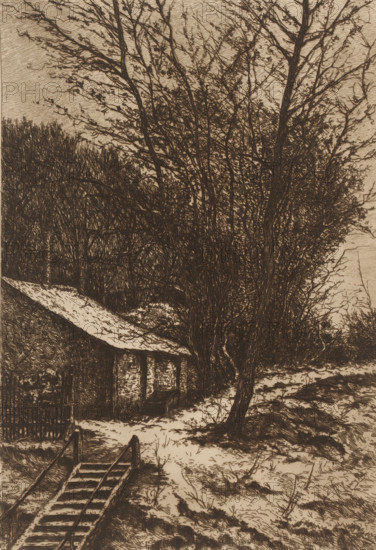Winter landscape with a farm near a staircase, print, printmaker: Henri Rul, 1872 - 1913, paper, etching, intaglio printmaking technique, retroussage, height 317 mm x width 235 mm, farm or solitary house in landscape, winter landscape, landscape symbolizing winter (the four seasons of the year), flight of steps, A monochrome scene rendered with fine lines shows a rustic cabin partially obscured by tall bare trees and dense underbrush, a sloping roof covered with patches of snow, narrow steps with handrails leading down toward the foreground, a fence segment near the cabin, and a snowy, uneven ground dotted with grass and small shrubs under a sky filled with crosshatched shading.