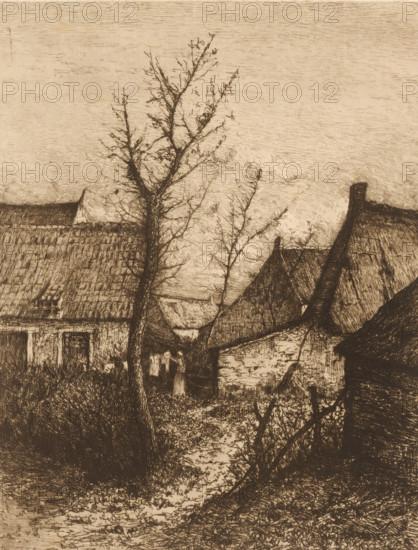 Woman hanging laundry outside at a farm, print, mark: 'Antwerpsche Etsers 1880', printmaker: Henri Rul, 1872 - 1913, paper, etching, intaglio printmaking technique, retroussage, height 316 mm x width 235 mm, adult woman, hanging the wash to dry, farm (building), A sepia-toned sketch of a village scene showing several gabled rooftops with textured tiles and chimneys, bare trees with thin branches rising between the houses, a narrow path or yard bordered by overgrown vegetation, and assorted building facades with visible windows and doors rendered in fine, hatched lines.