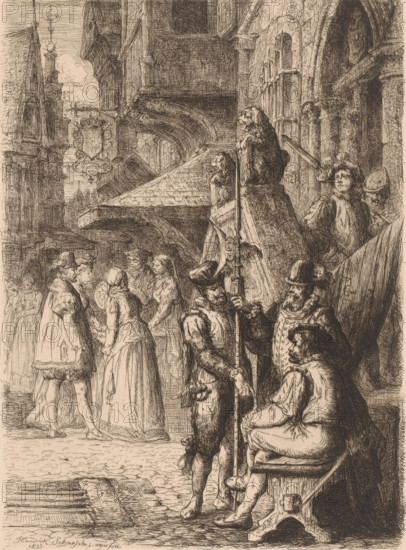 View of a busy street in Antwerp in the sixteenth century, print, printmaker: Henri François Schaefels, 1872, paper, chine collé, etching, intaglio printmaking technique, height 257 mm x width 186 mm, city-view in general, 'veduta', street, Antwerp, A detailed ink drawing shows a busy stone street scene in front of a large ornate building with arches, columns, and carved architectural details; a group of people in period clothing stand and converse in the foreground, including women in long dresses and men wearing hats and cloaks, some holding staffs or spears; one seated man faces slightly sideways while another man stands in front of him holding a tall pole; above and behind them a carved lion statue sits atop a pedestal by a stairway where a few figures stand or look down; to the left a decorative hanging sign extends from a building and pointed rooftops and spires rise in the background; the ground is cobbled and shadows and fine crosshatching create depth and texture across the sc...