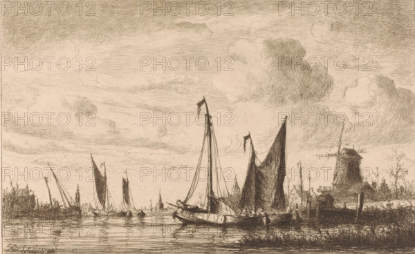 View of Zaandam with boats in the foreground, print, mark: 'Antwerpsche Etsers 1880', printmaker: Henri François Schaefels, 1883, paper, etching, intaglio printmaking technique, height 240 mm x width 360 mm, city-view in general, 'veduta', windmill in landscape, water course (landscape with figures, staffage), Zaanstreek, Zaandam, A sepia-toned etching showing a riverside scene with several sailing vessels moored on calm water, their tall masts and furled sails reflected in gentle ripples, a larger boat in the foreground with dark triangular sails and a smaller craft alongside, a cluster of low buildings and a windmill silhouetted on the right bank, thin grasses and reeds along the water's edge, distant church spires and rooftops on the far shore, and a sky filled with layered, textured clouds rendered with fine, linear strokes.
