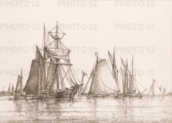 Seascape with sailing ships, print, printmaker: Henri Seghers, 1858 - 1913, paper, etching, intaglio printmaking technique, height 239 mm x width 318 mm, sailing-ship, sailing-boat, sea, A detailed monochrome ink drawing of multiple sailing ships clustered on calm water, showing tall masts, furled and partly unfurled sails, rigging and spars, with reflections on the water surface; the vessels vary in size and sail shape, some with multiple masts and complex crossbeams, others with single large triangular sails, and small figures are visible aboard a few of the boats; the background is left mostly empty, creating negative space above the ships.