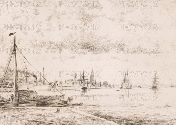 Sailing ships on the Scheldt near Antwerp, print, printmaker: Henri Seghers, 1881, paper, etching, intaglio printmaking technique, height 238 mm x width 320 mm, sailing-ship, sailing-boat, prospect of city, town panorama, silhouette of city, river, steamship, motorship, A detailed sepia-toned sketch of a harbor scene showing several sailing vessels with masts and rigging, one larger boat moored in the foreground with a furled sail and a tall mast topped by a small flag, a shoreline with indistinct figures and a pier, distant ships and churchlike spires on the far bank, calm water reflecting some boats, and a sky filled with fine cross-hatched cloud strokes.