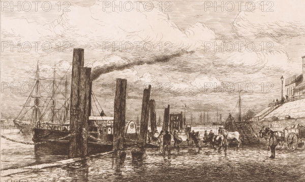 Paddle steamer moored at a quay, print, printmaker: Henri Seghers, 1858 - 1913, paper, etching, drypoint, intaglio printmaking technique, height 235 mm x width 318 mm, pier, quay, wharf, paddle-wheel boat, A riverside scene drawn in fine lines showing a dock with tall wooden pilings rising from the water and a moored steam vessel emitting a dark plume of smoke. A multi-masted sailing ship is visible behind the pilings, its rigging rendered in delicate strokes. Figures stand and walk along the wet cobbled quay, some near horses and carts, others in groups or alone, with reflections of people and objects visible on the wet surface. A sloping embankment and a flight of steps lead up to buildings and a lamppost on the right, while distant masts and structures line the horizon beneath a sky filled with layered, textured clouds.