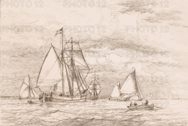 Sailing ships and a rowboat on open water, print, printmaker: Henri Seghers, 1886, paper, etching, intaglio printmaking technique, height 235 mm x width 319 mm, sailing-ship, sailing-boat, rowing facing backward, pulling, A wide seascape sketch showing several sailing vessels of different sizes clustered on calm water under a sky filled with layered, wispy clouds; tall masts, rigging, and unfurled sails dominate the midground with one larger ship in the center and smaller boats nearby, while a small rowboat with three figures is in the foreground on the right and distant shorelines appear along the horizon.