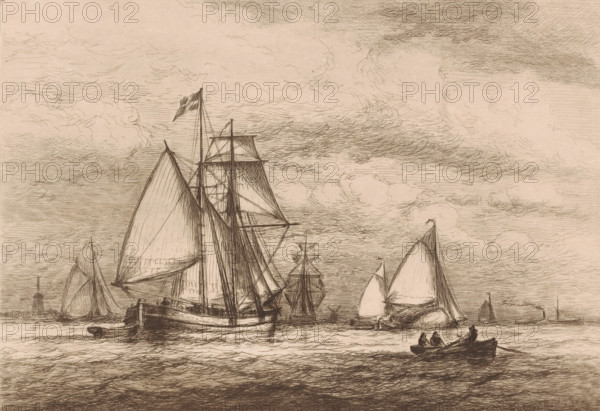 Sailing ships and a rowboat on open water, print, workshop stamp: 'Antwerpsche Etsers 1880', printmaker: Henri Seghers (signed by artist), 1886, paper, etching, drypoint, intaglio printmaking technique, height 235 mm x width 319 mm, sailing-ship, sailing-boat, rowing facing backward, pulling, A sepia-toned etching showing several sailing vessels on calm water under a cloudy sky, with tall masts, furled and unfurled sails, and rigging rendered in fine lines, a larger ship occupying the foreground with triangular and square sails, smaller boats and a rowboat with figures visible nearer the viewer, distant ships and a shoreline with a windmill sketched along the horizon, and textured cloud formations filling much of the upper area.