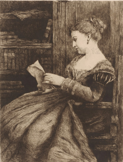 The letter, Woman in an armchair reading a letter, print, printmaker: Eugène Smits, publisher: Cadart & Luquet, printer (person): Delâtre, 1836 - 1912, printer (person), paper, etching, intaglio printmaking technique, height 315 mm x width 236 mm, adult woman, reading, letter, envelope, A seated woman in a dress with a fitted bodice and full skirt is shown in profile holding a folded page, her hair styled up with a decorative element and an earring visible on her ear, while behind her a bookcase with shelves and several books occupies the background; the image is rendered in detailed crosshatched lines creating tonal shading and texture.