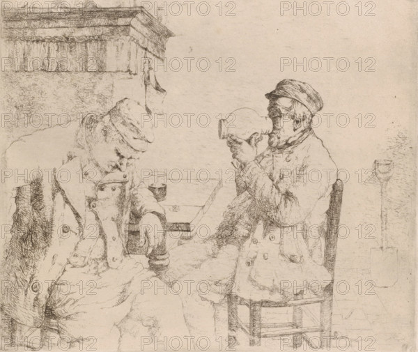 Two men drinking at a table by a fireplace, print, printmaker: Jozef van Snick, 1886 - 1887, paper, etching, intaglio printmaking technique, etching with plate tone, proof, height 235 mm x width 277 mm, drinking, adult man, open hearth, fire-place, dice, A sketch in muted tones shows two seated men at a small table, both wearing caps and layered coats with visible buttons and folds; the man on the right is tilting a large vessel toward his mouth with both hands while the man on the left has his head bowed and one arm resting on the table near a glass, and a small object rests on the table surface; the background includes a textured wall and a ledge with ornamental molding above the men.