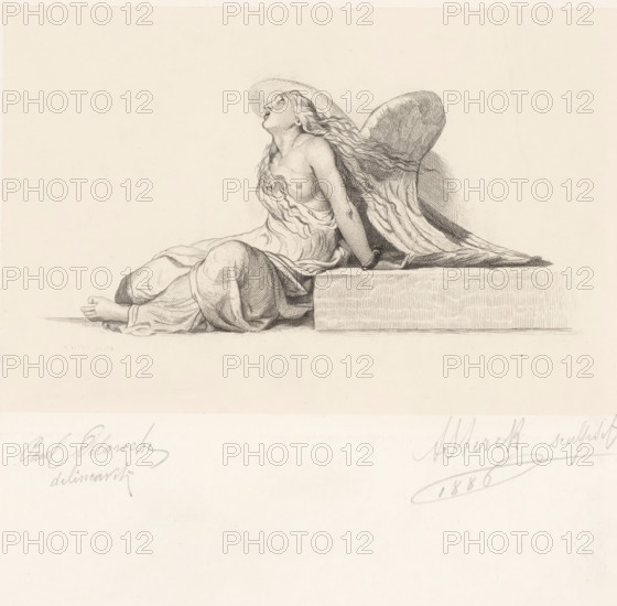 Captivated angel or genius, print, printmaker: Arthur Sterck (signed by artist), after drawing by Paul Delaroche (signed by artist), 1886, paper, chine collé, etching, height 162 mm x width 230 mm, genius, inspiration of the artist (in general), tools, aids, implements, crafts and industries: chain, A detailed pencil or ink drawing of a reclining winged female figure on a rectangular block, shown in profile with her head tilted back and mouth open, long wavy hair flowing behind her, draped fabric covering parts of her body, one arm resting on the block and the other beside her, visible bare foot at the lower left, fine crosshatching and line work defining form and shadow against a plain light background.