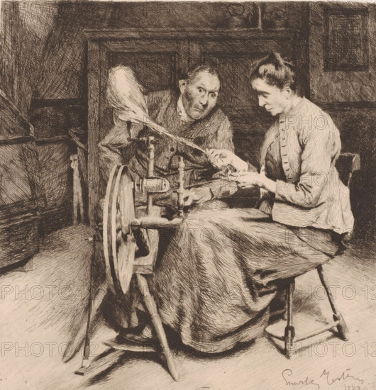 Man and woman by a spinning wheel, print, printmaker: Charles Mertens, 1889, paper, etching, intaglio printmaking technique, etching with plate tone, height 215 mm x width 210 mm, adult woman, adult man, spinning-wheel, interior, representation of a building, A monochrome sketch shows two seated figures beside a spinning wheel; one figure appears older with a lined face and short hair, leaning forward with an intent expression, while the other figure has hair pulled back and looks downward toward their hands; the spinning wheel with its spokes and flyer mechanism is prominent in the foreground, and a long strand of fiber stretches from the wheel toward the figures; both figures wear simple, textured garments with visible folds and stitching, and the scene is set against a paneled background with crosshatched shading.