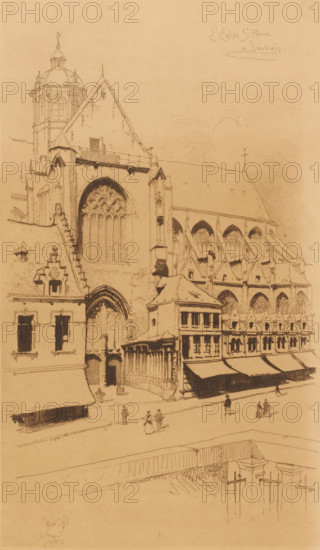 L'eglise St. Pierre à Louvain, View of St. Peter's Church in Leuven, print, printmaker: Louis Titz, 1869 - 1913, paper, etching, intaglio printmaking technique, height 308 mm x width 186 mm, church (exterior), Louvain, St. Peter's Church (Leuven), A sepia-toned architectural drawing of a large Gothic church and adjacent buildings occupying most of the page, showing a tall central façade with a pointed gable, a large ornate arched window with tracery, buttresses, and a domed tower rising behind the left side; attached aisles with pointed arch windows and decorative stonework extend to the right, while lower street-level buildings with pitched roofs, awnings, and multi-pane windows line the front. Several small figures walk or stand on the street in front of the buildings, and a railing and vertical supports appear in the lower foreground as part of a stepped or recessed area. The drawing is rendered in fine ink lines with hatching and sparse shading on a textured beige background.
