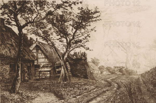 Landscape with farmhouses and mill, print, annotation: '2nd State, March 19, 1883', printmaker: Jerôme Tuyttens, 1883-03-19, paper, etching, drypoint, intaglio printmaking technique, height 225 mm x width 315 mm, A sepia-toned sketch depicts a rural scene with thatched cottages partially obscured by tall, leafy trees in the foreground, a dirt path curving past grassy banks and leading toward smaller buildings in the distance, a figure standing near the doorway of one cottage, wooden fences and stacked materials beside the structures, dense foliage and bushes along the roadside, and the sky rendered with light, sketchy lines.
