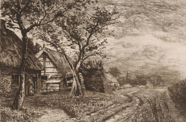 Landscape with farms and mill, print, annotation: '3emè Etàt, 28 mars 1883', printmaker: Jerôme Tuyttens (signed by artist), 1883-03-28, paper, etching, drypoint, intaglio printmaking technique, height 227 mm x width 315 mm, A detailed sepia-toned etching shows a rural scene with thatched-roof cottages and a dirt road. In the foreground a pair of trees with slender trunks and leafy branches stand near a cottage whose textured stone walls and small windows are visible. A figure in simple clothing stands in a doorway beside a low outbuilding and a stack of rough wooden structures. Further back a larger thatched gable faces the viewer and another small cottage sits near the road, which winds away toward a distant landscape with low buildings and a pointed spire. The sky is filled with swirling, crosshatched clouds and the ground and foliage are rendered with dense, linear shading.