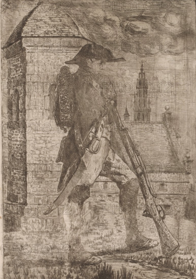 Sentinel, print, annotation: '1.er Etat', printmaker: Edouard Tyck, 1857 - 1913, paper, etching, intaglio printmaking technique, drypoint, height 291 mm x width 197 mm, The print states that it concerns the first state, but no other states are known., sentry box, A sepia-toned etching shows a uniformed soldier in profile walking along a stone parapet while carrying a long musket with a bayonet; he wears a broad-brimmed hat, a cloak draped over one shoulder, a cartridge box on his back, and a belt with a pouch at his side. The foreground includes worn stone steps and grass at the soldier’s feet. To the left a textured brick tower rises with a rounded roof and carved masonry details, while in the distance a tall spired building and smaller rooftops appear beneath a sky filled with swirling clouds. The image is rendered with fine cross-hatched lines and varied shading.