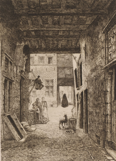 View of a street near the Steen, print, printmaker: Edouard Tyck (signed by artist), in or before 1890-10-04, paper, etching, drypoint, intaglio printmaking technique, height 320 mm x width 236 mm, city-view in general, 'veduta', one person praying, Antwerp, A narrow covered alley with a wooden beamed ceiling and stone walls opens onto a courtyard framed by masonry buildings; a group of women stand near a small ornate railing on the left while a figure in a dark cloak walks through an arched passage in the distance; hanging signs and a lantern project from the left wall above a doorway, and a small dog stands beside a barrel on the right side of the passage; windows with multiple panes line the walls, wooden planks and a tilted door lie against the left wall, and the cobbled floor leads from the foreground into the brighter space beyond.
