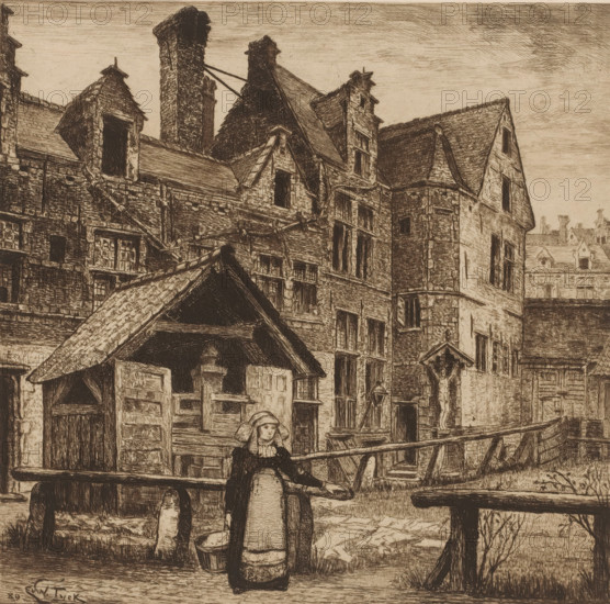 View of the courtyard of the St. Anna Gasthuis, print, annotation: 'L'ancien hospice des dames, rue otto venius Anvers', workshop stamp: 'Antwerpsche Etsers 1880', printmaker: Edouard Tyck (signed by artist), 1889, Edouard Tyck, printmaker, paper, etching, drypoint, intaglio printmaking technique, height 224 mm x width 228 mm, nun(s), hospital, Antwerp, A detailed ink drawing shows a cluster of old stone and timber buildings with steep pitched roofs, dormer windows, chimneys, and visible brick and timber textures, with wooden awnings and beams projecting from the facades; in the foreground a covered wooden structure with a tiled roof stands next to a railing and a gate, and a woman wearing a bonnet and long dress stands near the railing holding a bucket, while additional rooflines and distant buildings appear behind and above the main structures under a textured sky.