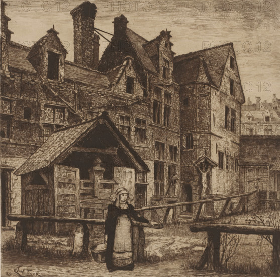 View of the courtyard of the St. Anna Gasthuis, print, annotation: 'L'ancien hospice des dames, rue otto venius demolie, en 188', printmaker: Edouard Tyck (signed by artist), 1889, Edouard Tyck, printmaker, paper, etching, drypoint, intaglio printmaking technique, height 223 mm x width 224 mm, nun(s), hospital, Antwerp, An intricate sepia-toned etching of a dense cluster of old stone and timber buildings with steep gabled roofs, chimneys, and many small windows, with visible roof tiles and stone textures rendered in fine cross-hatching; a covered wooden structure with a pitched roof sits in the foreground, and a wooden railing runs horizontally across the lower part of the scene; a woman wearing a bonnet and long dress stands by the railing holding a bucket, and a carved crucifix figure is mounted on one of the building facades; narrow alleys and stairways lead between the tightly packed houses and the sky above is filled with fine horizontal etching lines.