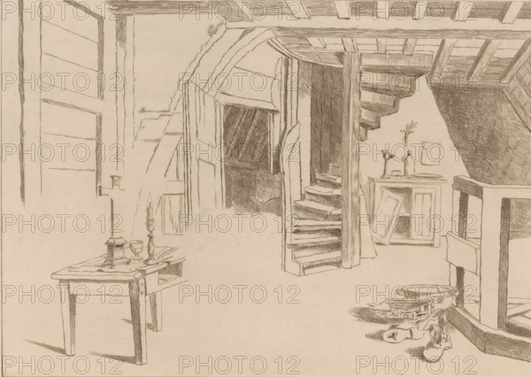 Attic interior, print, Interior of the attic in the Plantin-Moretus house on the Vrijdagmarkt in Antwerp, demolished in 1882., annotation: 'First State', printmaker: Edouard Tyck, 1891, paper, pencil, etching, drypoint, intaglio printmaking technique, drawing, drypoint and plate tone, worked with pencil, proof print, height 236 mm x width 320 mm, attic, loft, Antwerp, Museum Plantin-Moretus, A pencil or ink sketch of an interior showing a rustic room with exposed ceiling beams and a spiral wooden staircase leading upward near a central support post, a partially open door revealing a darkened alcove, a small table in the foreground with a lit candle in a holder and a goblet, a sideboard against the wall holding a candlestick and a bottle, a crucifix mounted on the wall, a framed object leaning against the sideboard, rough paneled walls and floorboards, a fireplace or hearth area with a mantel at right, and a pair of slip-on shoes and a shallow bowl on the floor near a basket of folded c...