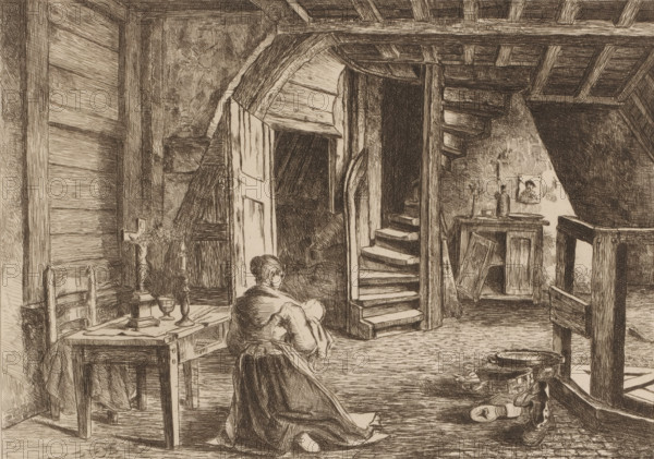 Attic interior, print, Interior of the attic in the Plantin-Moretus house on the Vrijdagmarkt in Antwerp, demolished in 1882., annotation: 'Attic existing in the house, Plantyn-Moretus on the, Vrydasche markt, demolished in 1882.', annotation: 'Second State', printmaker: Edouard Tyck (signed by artist), 1891, paper, etching, drypoint, intaglio printmaking technique, height 236 mm x width 320 mm, attic, loft, Antwerp, Museum Plantin-Moretus, A sepia-toned interior scene rendered in fine cross-hatching shows a room with exposed wooden beams and a winding staircase leading upward; a figure seated on the floor faces away from the viewer, holding a bundle. To the left a table with a cloth holds a candlestick, a chalice, and other small objects, and a simple wooden chair sits beside it. An open doorway with a partially ajar door reveals a dark space beyond and a curved arch above. To the right, a small cabinet topped with bottles and bowls stands against a textured wall with a small framed i...