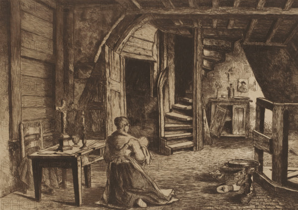 Attic interior, print, Interior of the attic in the Plantin-Moretus house on the Vrijdagmarkt in Antwerp, demolished in 1882., printmaker: Edouard Tyck (signed by artist), 1891, paper, etching, drypoint, retroussage, intaglio printmaking technique, height 236 mm x width 320 mm, attic, loft, Antwerp, Museum Plantin-Moretus, A sepia-toned interior scene shows wooden beams and a slanted ceiling, a spiral wooden staircase leading upward, and a partially open arched door revealing a dark space beyond. In the foreground a woman kneels on the floor with her back to the viewer, wearing a long dress and holding cloth. A rough wooden table stands nearby with two candlesticks and a goblet, and a simple wooden chair sits beside it. Shelves and a small cupboard with various bottles and dishes are visible against a wall, and a small framed image hangs on the wall above them. Scattered on the floor near a railing are a pair of shoes and a basket, and a basin sits close by. The room has textured woode...