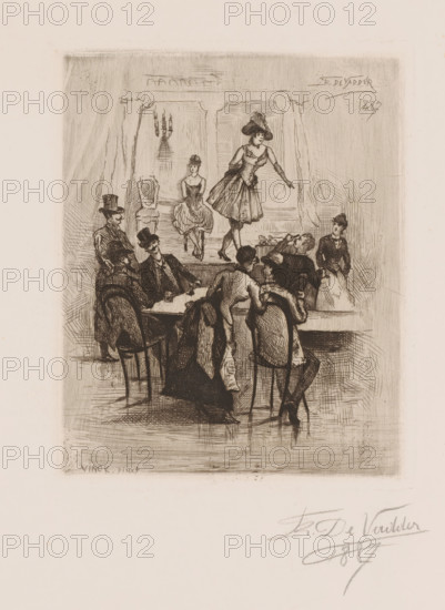 Café Chantant, print, mark: 'Vinck pinxt.', printmaker: Frans de Vadder (signed by artist), after painting by unknown, 1887, paper, etching, intaglio printmaking technique, retroussage, height 200 mm x width 165 mm, indoor recreation, theatre, theatrical performance, vocal music, singing, A sepia-toned etching shows an indoor scene with a raised platform at the back where two women in period dresses stand, one balancing on the edge with an arm extended and wearing a hat, the other seated behind her with hands folded in her lap. In front of the platform a group of men and women sit and stand around a table, several wearing hats and coats, some leaning forward and others turned toward the platform, with one man reclining and another resting his chin on his hand. The room features draped curtains framing the platform, a wall sconce with candles, and simple furnishings including chairs around the table. The composition is rendered with fine cross-hatching and delicate line work, creating t...